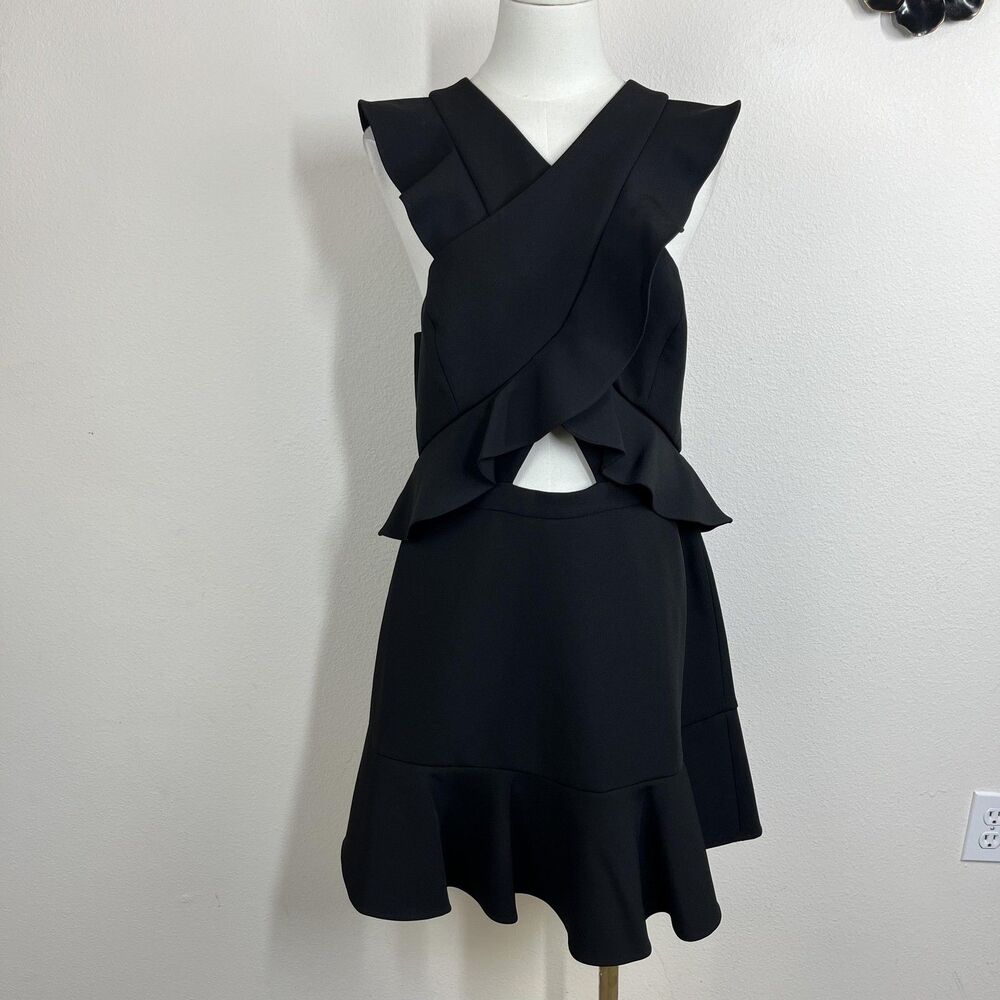 BCBGMAXAZRIA Dress Womens 12 Black Ruffle Cut Out Fit Flare Party Cocktail